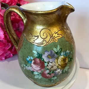 Stunning vintage Italian Firenze pitcher; tole painted flowers; must see